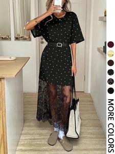 Solid Color Crew Neck Short Sleeve Loose Casual Lace Dress, Suitable For Outings And Commuting Airport Outfit Women Old Money Dress Going Out Dress Teacher Outfits Dresses For Women Elegant (Belt Not Included)