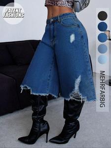 Women's High Waist Ripped Denim Shorts, Vintage Wash Design, Pockets, Casual Beach Wear, Multifunctional Fashion Item