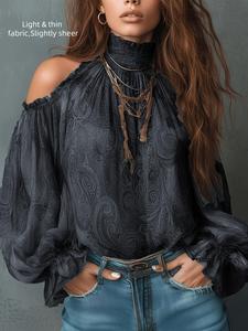 Women's Vintage Off-Shoulder Paisley Pattern Printed Shirt Top, Elegant Retro Design, Perfect for Casual & Formal Wear, Unique Fashion Piece