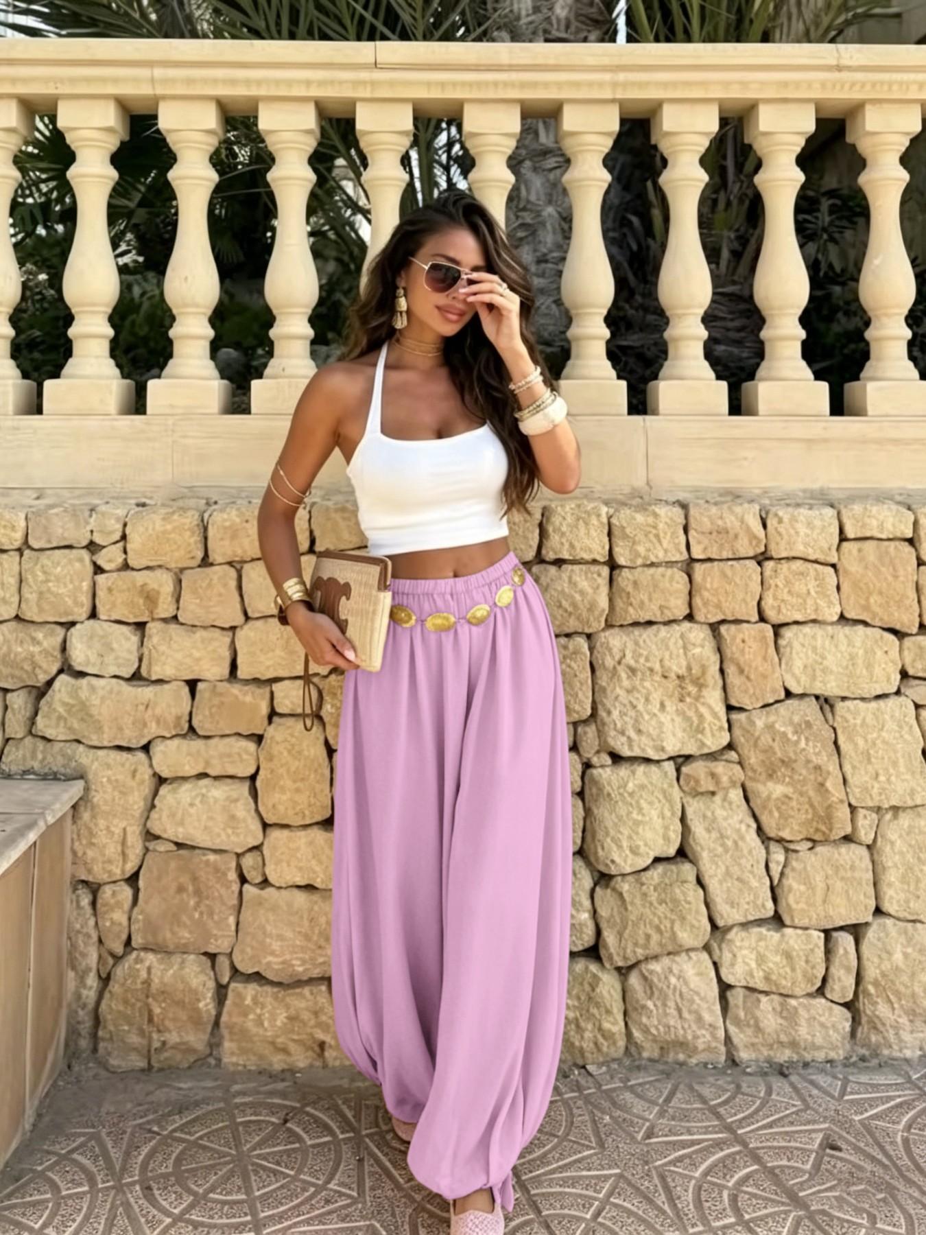 Summer Women's Casual Fashion Solid Color Long Pants, Loose Fit Elastic Waist Lantern Pants, Ideal for Daily Wear, Everyday Bottoms, Womenswear