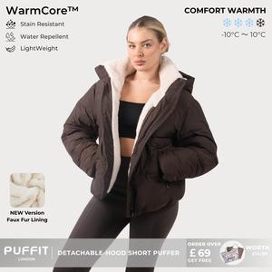 PUFFIT WarmCore Premium Short Puffer Jackets with Removable Hood & Optional Faux Fur Lining, Women's Ware Jackets, Winter Coats,Lady Casual Outerwear Longsleeves Zip Pockets Warm Quilted Coat
