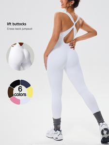 Women's Seamless Bodysuit with Removable Padding, Cross-Back Design, Slimming Ribbed Fabric, Perfect for Gym and Outdoor Sports