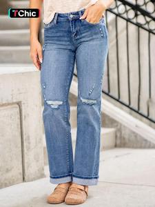 Women's stretch front ripped, trendy and fashionable jeans with rolled-up cuffs for all seasons