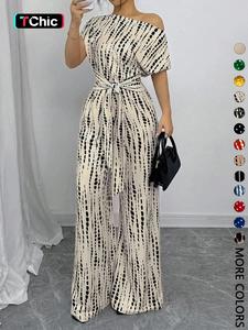 Women's All Over Print Tie Front Baggy Jumpsuit, Loose Casual Loose Asymmetrical Neck Jumpsuit for Spring & Fall, Women's Clothes for Daily Wear, Shortsleeve Womenswear