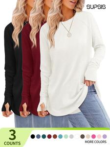 Women's Casual Loose-Fit Tunic Top, Long Sleeve Thumbhole Shirt, Crew Neck Design, All-Season Comfortable Fabric