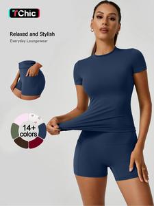 2 piece set women's yoga suit set solid color quick drying short sleeved top with pockets on both sides shorts with tight fit suitable for yoga gym training running cycling golf all season outdoor simple and versatile short sleeved shorts