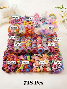 718pcs/Set Girls' Pink Bowknot Hair Clips, Cute Princess Hair Accessories, High Elastic Durable Non-Damaging Hair Ties, Hair Bands, Rabbit Ear Hair Rings, Versatile Duck Clip Barrettes, Suitable For Daily Use