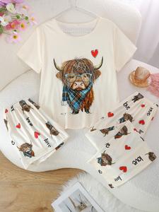 Women's Casual Sleepwear Loungewear Set, Round Neck Short Sleeve Top, Shorts and Pants, Scottish Plaid Highland Cow Print, All Seasons Wear