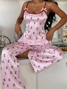 Cute Cherry Print Tank Top Long Pants Sleepwear Pajama Set, 2-Piece Casual Loungewear, Comfortable, Stylish and Aesthetic Nightwear for Women
