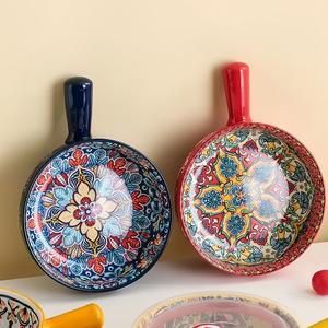 Boho Style Ceramic Salad Bowl with Handle, 2 Counts/set Colorful Flower Pattern Bowl, Microwave & Oven Safe Bowl for Home Baking & Serving, Dinnerware, Salad Serving Bowls