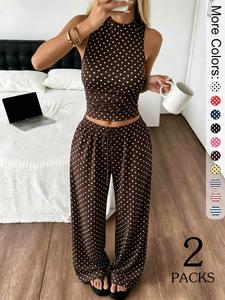 2 Pack Women's Polka Dot Loungewear Set, Sleeveless High Neck Crop Top & Wide Leg Pants, Clean Girl Style Summer Outfits with Drop Waist, Slim Fit Lingerie Outfit for Daily Wear & Casual Lounging