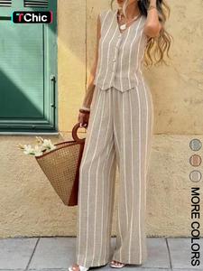 2-Piece Vintage Casual Striped Sleeveless Button Vest Top and Wide Leg Pants Set, Summer Women's Fashion, Elegant Slim Fit