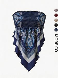 Boho Style Paisley Print Sleeveless Top, Asymmetrical Hem, Vibrant Blue and, Non-Elastic Polyester Spandex Blend, Perfect for Vacation