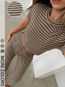 Women Striped Cropped Top & Wide-Leg Pants Set, Stretchy Soft Fabric & High-Waisted Design , Casual Fashion
