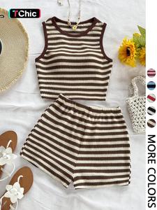 Women's Casual Knitted Striped Backless Short Sleeve Top with Elastic Waist Shorts, Perfect for Vacation Wear, 2 Piece Set