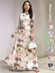 Elegant Women's Tie-Dye Print Long Sleeve Round Neck Maxi Dress, Party Wear Formal Gown, Ladies Fashionable Evening Dresses