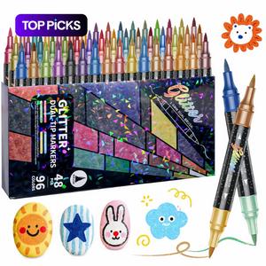 96 Color Dual Tip Glitter Markers Set, 12/24/36/48 Metallic Sparkle Pens, Water-Based Ink, Non-Toxic, Ideal for Cards, Crafts, Doodling, Adult Coloring Books, Art Materials