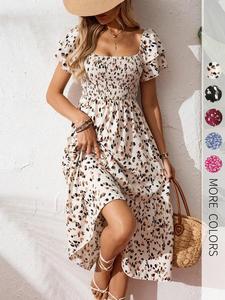 Women's Casual Print Ruffle Dress, Gathered Design, Boho Style, Suitable for Beach, Vacation, Dates, and Daily Wear, Summer Women's Wear, Women's Long Dress