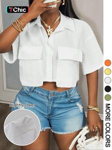 Women's Solid Color Short Sleeve Shirt, Casual Elastic Pocket Design Crop Top for Summer, Women's Clothing for Daily Wear, Womenswear