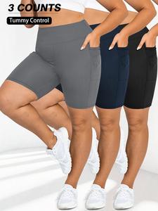 【Plus Size】 Solid Pocket High Waist Short Leggings, Casual Comfy Breathable Skinny Shorts for Daily Wear, Workout Clothes, Gymclothes, Women's Bottoms for Summer