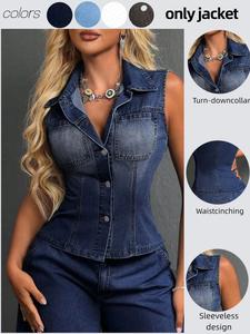 Elegant Fitted Sleeveless Denim Jacket for Women, Casual All-Season Wear, Unique Fashion Design, Plain Pattern, with Collar, Womenswear