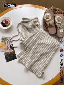 Women's Summer Knitted Striped Drawstring Pocket Casual Loose Wide Leg Pants, Perfect for Daily Wear and Vacations, Bottom