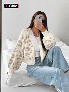 Women's Leopard Print Open Front Cardigan, Casual Long Sleeve Crop Cardigan Sweater for Daily Wear, Ladies Knitwear for All Seasons, Tops