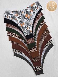 Women's Plain/All Over Print Scallop Trim Thong, Soft Comfy Breathable Seamless Panty for Daily Wear, Underwear for All Seasons