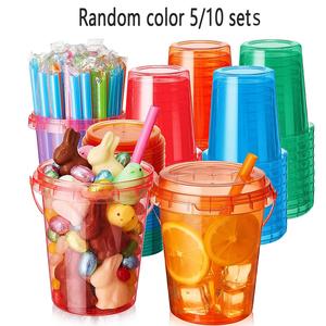 5/10 Pack 34oz Disposable Plastic Cups with Lids and Straws, Soft Tone Ice Coffee Cups, Party Supplies for Beach and Pool Parties, Disposable Tableware