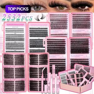 2532pcs Natural Eyelash Extension Kit, DIY Eyelashes Kit, DIY Lash Clusters Pack 4 Boxes, Soft Lightweight, Long Lasting 72h, Includes Bond&Seal &Remove&Eyelash Tweezers, Easily DIY Long-Lasting Salon Charm at Home，Perfect for Beginners