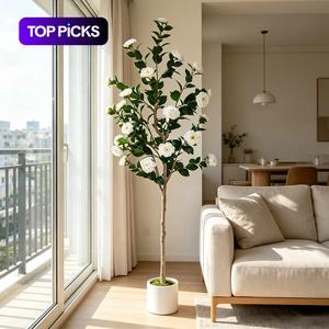 1 Count 125-195CM New Artificial Camellia Tree branch, Faux Plant for Home Decoration, With Plastic Pot & Faux Moss, Indoor & Outdoor Use for Living Room, Office, Garden, Wedding & Party