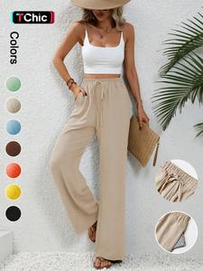 Women's Plain Pocket Tie Front Elastic Waist Straight Leg Pants, Casual High Waist Wide Leg Trousers for Women, Ladies Bottoms for All Seasons, Summer Outfits 2024