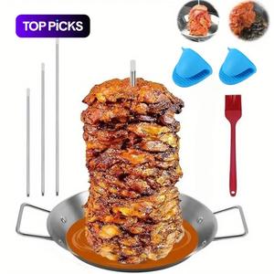 BBQ Skewers, 304 Stainless Steel Vertical Skewers, Brazilian Vertical Skewer Rack with 3 Removable Vertebrae (8"/10"/12") and Silicone Gloves, Brush, for _tacos_al_pastor, Shawarma Skewers Smoker Oven Grill Pan