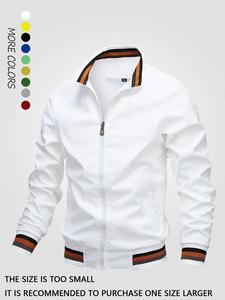 Men's Striped Trim Zip-Up Jacket, Regular Fit Long Sleeve Varsity Baseball Jacket with Pockets, Lightweight Longsleeves Menswear, Windbreaker Bomber Jacket, Casual Coat Zipper Outwear for Spring & Fall, Men's Clothing for Travel Golf Daily Wear