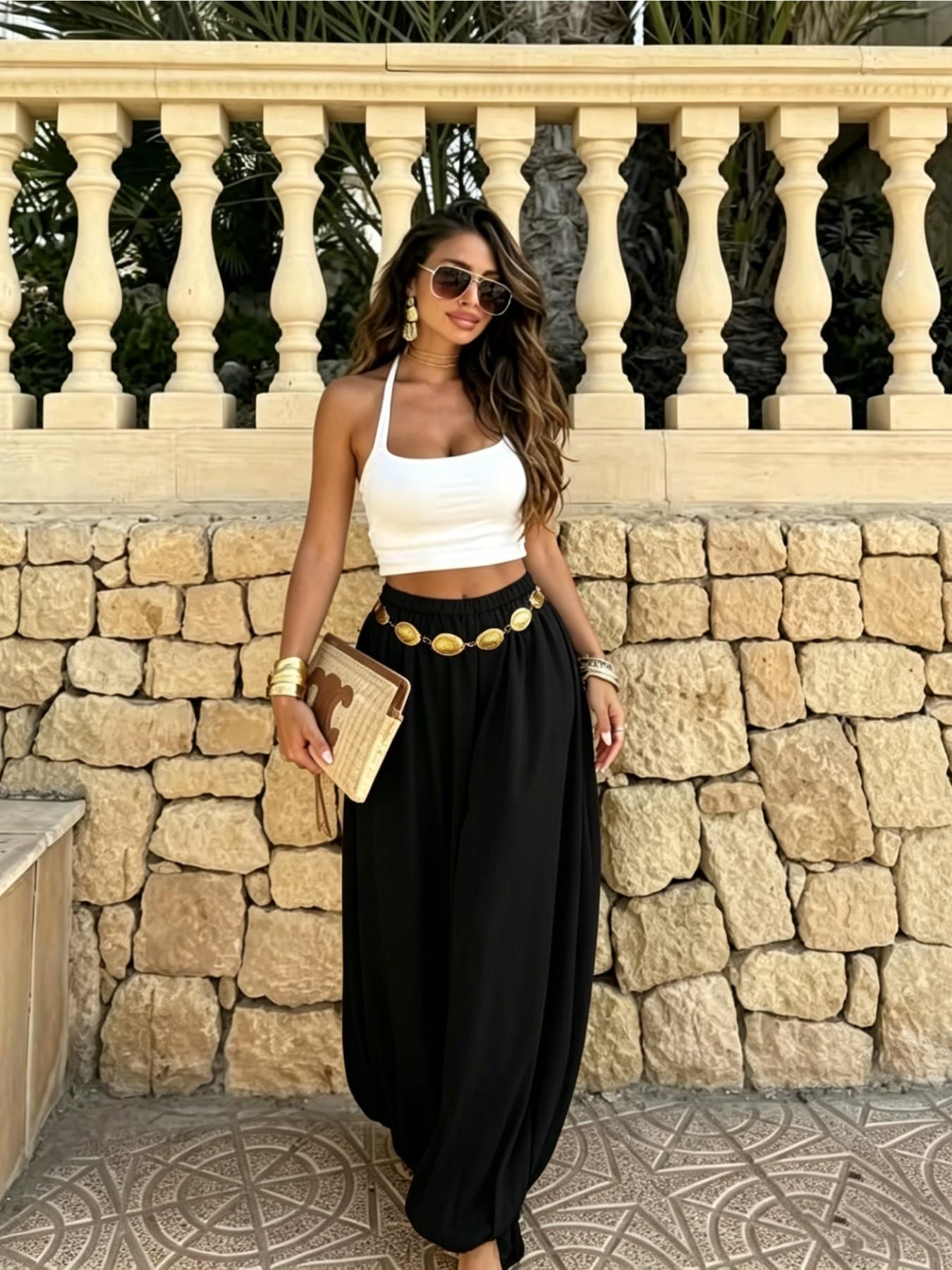 Summer Women's Casual Fashion Solid Color Long Pants, Loose Fit Elastic Waist Lantern Pants, Ideal for Daily Wear, Everyday Bottoms, Womenswear