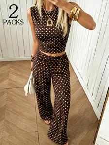 Polka Dot 2 Piece Outfits for Women, Sleeveless Halter Neck Crop Top and Elastic Waist Wide Leg Pants Set, Casual Summer Boho Vacation Outfits, Going Out Matching Loungewear Sets, Fashion Trendy Outfit Ideas for Teen Girls