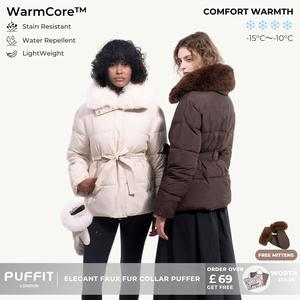 PUFFIT WarmCore Elegant Belted Puffer Jacket With Detachable Fur Collar, Free Matching Mittens, Winter Coat, Elegant Look Combines Warmth And Stylish — Perfect For Winter Elegance