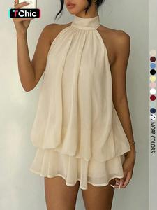 Women's Simple Solid Backless Halter One-Piece Jumpsuit, Elegant Ruffle Design, Perfect for Casual Wear, All Seasons Fashion