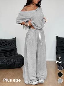 Plus Size Women's Casual Striped Cami & Pants Set, Comfortable Off-Shoulder Top & Wide Leg Pants, Ideal for Daily Wear & Outdoor Activities