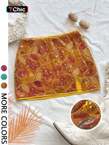 1 Spring Summer Sequin Floral Mini Skirt Women | High Waist Side Slit Bodycon Short Skirt | Bohemian Skirt Boho Glam Style for Night Out Festival Party Club Wear