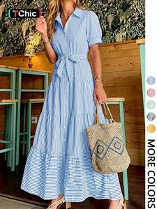 Women's Striped Print Belted Dress, Elegant Casual Long Dress for Summer, Women's Clothing for Daily Wear, Classy Modest Dresses, Modest Style Dress