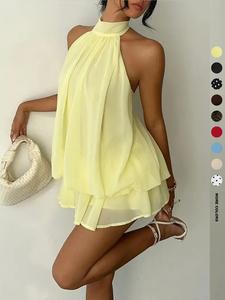 Women's Summer Fashion Party Halter Tie Back Mini Dress, Slim-Fitting Casual Elegant Youthful Plain Design, Home Outdoor City Style