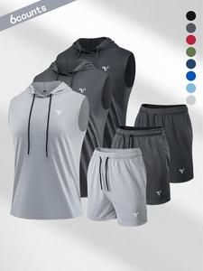 Two-piece Set Men's Bull Head Pattern Hooded Tank Top & Drawstring Waist Shorts Set, Sporty Breathable Quick Drying Two-piece Outfits for Gym Workout Running Cycling, Men's Sportswear for Summer, Yoga Wear Fitness, Workout Running Clothes