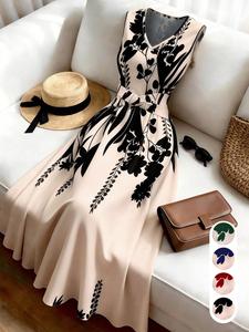 Women's Fashion Casual Sleeveless Vneck Floral Print Dress, Waist-Cropped Flare Skirt, Summer Vacation, Office, Beach, Graduation Party