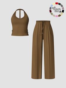 Women's Solid Crop Tank Top & Wide Leg Pants Set, Casual V Neck Sleeveless Top & Trousers for Daily Outdoor Wear, Ladies Sportswear for Summer