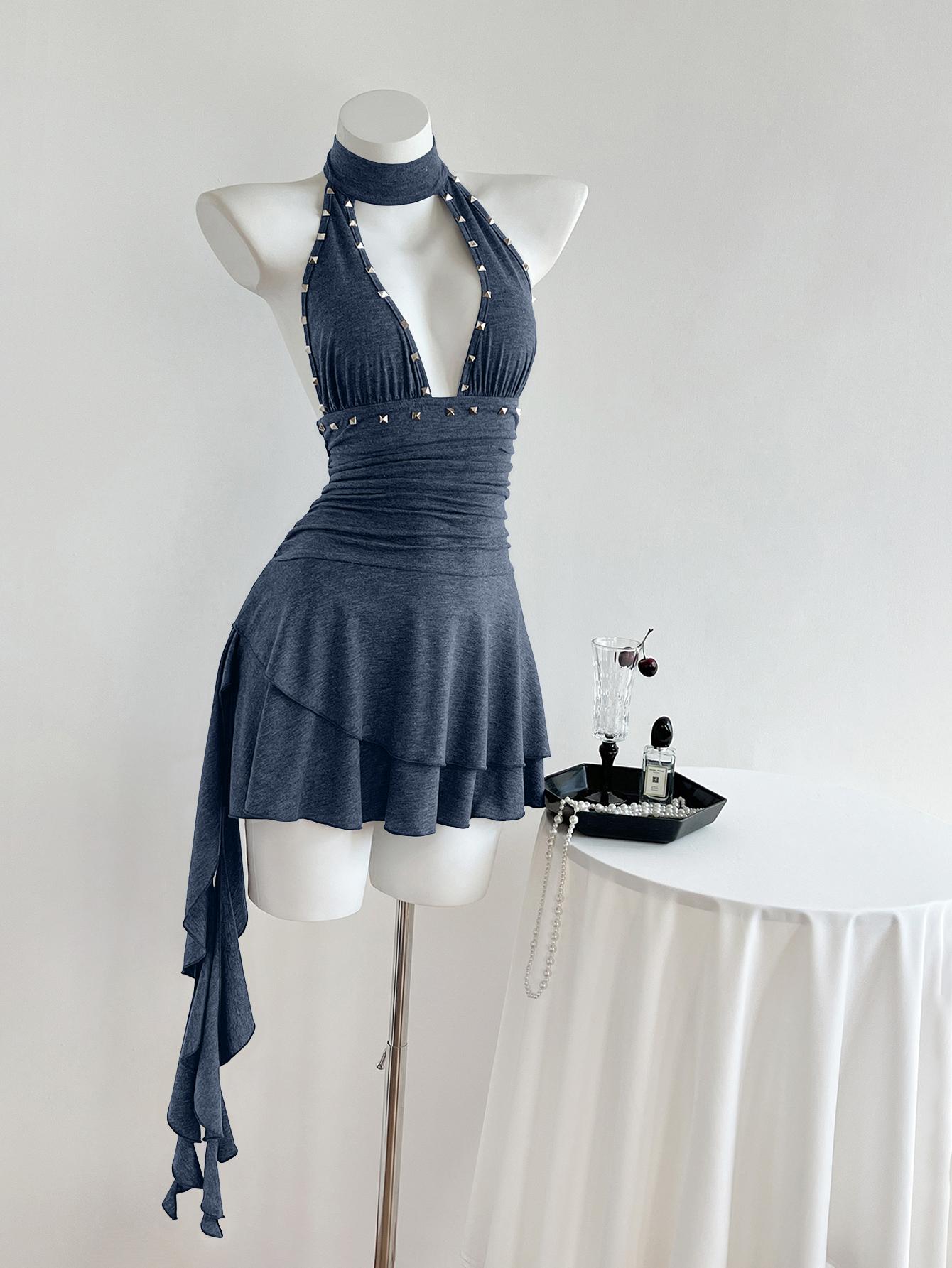 Women's Elegant Summer Halter V-Neck Ruffle Mini Dress, Sleeveless ...
