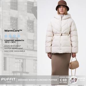 PUFFIT WarmCore Premium Hooded Waist-Cinched Puffer ,Adjustable Waist Loops,Tailored Slim Fit with Structured Cut,High Collar Design,Pillow-like Softness and Fluffiness,Multiple Layers of Warmth and Protection,Winter Energy,Sense of Elegance