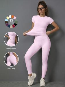 Women's Sporty Slim Fit High-Waisted Yoga Pants & Short Sleeves Set, Sporty Round Neck, Soft Breathable Activewear for Gym Running Outdoor Activities