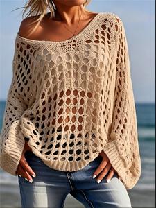 Women's Plain Hollow Out Sweater, Casual   Long Sleeve Jumper for Summer, Fashion Women's Knitwear for Daily Wear