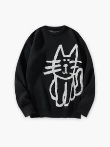 Cartoon Cat Print Drop Shoulder SweaterLoose Casual Long Sleeve Round Neck Jumperfor Fall & Winter, Knitting Tops, Sweater forWomen, Valentine's Day Gift for Men, Men'sKnitwear for Daily Wear, Weekend Sweater Crewneck Black